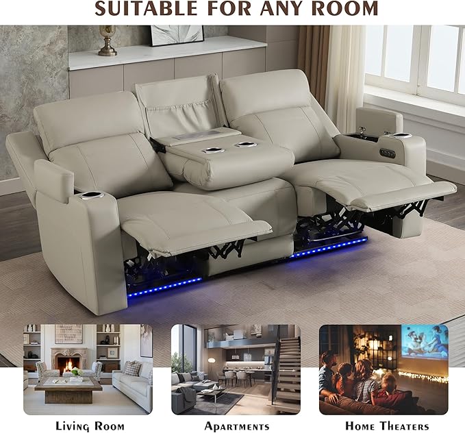Dual Motor Power Reclining Sofa, Breathable Leather Reclining Couch with Power Headrest/LED Light/Armrest Storage, Recliner Sofa 3 Seater for Living Room (Grey, 3 Seater)