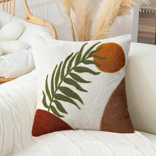 Merrycolor Boho Decorative Throw Pillow Covers 18x18 Tufted Green Decorative Pillows Covers Sun Leaf Mid Century Modern Throw Pillows for Bed Couch Sofa Living Room 1PC