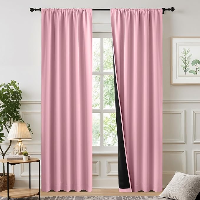NICETOWN Crystal Pink Blackout Curtains for Girls Bedroom, 52x84 Inches 2 Panels Energy Efficient Thermal Insulated Drapes, Rod Pocket Black Lined Window Treatment, Double Layer Shading