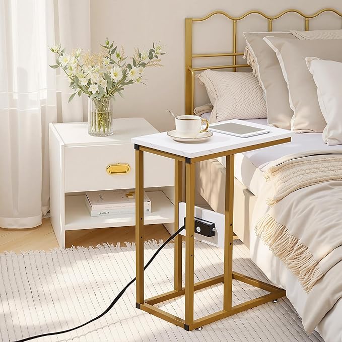 VECELO C-Shaped End Side Table Set of 2, with Charging Station & Two USB Ports and Outlets for Living Room, Bedroom, with Adjustable Feet for Couch/Sofa, Bedside, Small Spaces， Gold