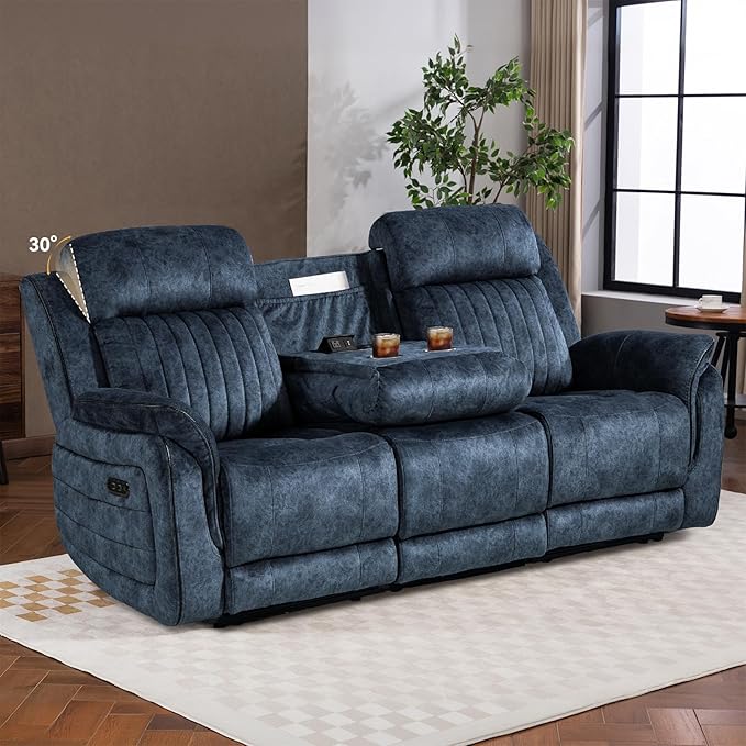 Zero Gravity Power Recliner Sofa Couch – Electric Reclining Sofa with Drop Down Table & Wireless Charging, 3 Seater Reclining Couch with Adjustable Headrests for Living Room (Velvet, Blue)