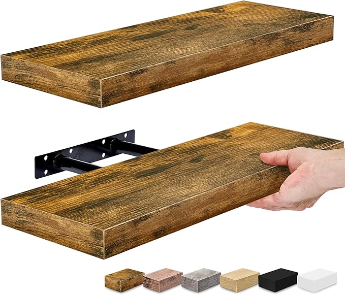 Sorbus Floating Shelves for Wall – 16 Inch Floating Shelf for Kitchen, Bedroom, Living Room, Bathroom, Home & Wall Decor - Mounted Bathroom Shelves with Invisible Brackets (Rustic Brown, 2 Pack)