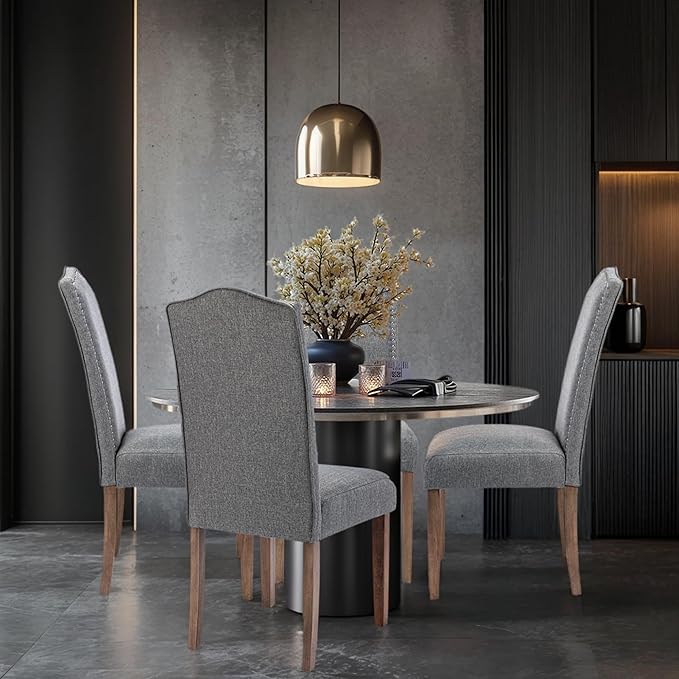 Upholstered Dining Chair Modern Stylish Parsons Kitchen Diner High Back with Silver Nailhead Trim & Wood Legs, Set of 4, Fabric Classic Grey