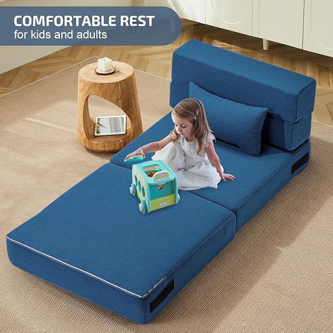 SUYOLS Folding Sofa Bed with Pillow- Convertible Chair Floor Couch & Sleeping Mattress, Foldable Memory Foam Sleeper for Living Room/Dorm/Guest Room/Home Office/Apartment/Loft, Single28,Navy Blue
