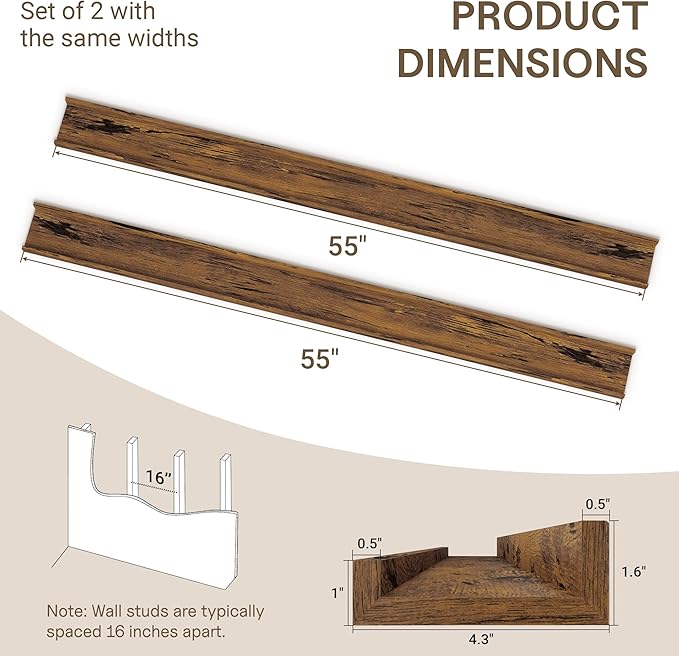 Fun Memories Picture Ledge Shelves Set of 2-55 Inch Shelves with Lip - Large Nursery Bookshelf for Storage - Floating Shelf Wall Mounted for Living Room - Bedroom -Kitchen - Rustic Brown