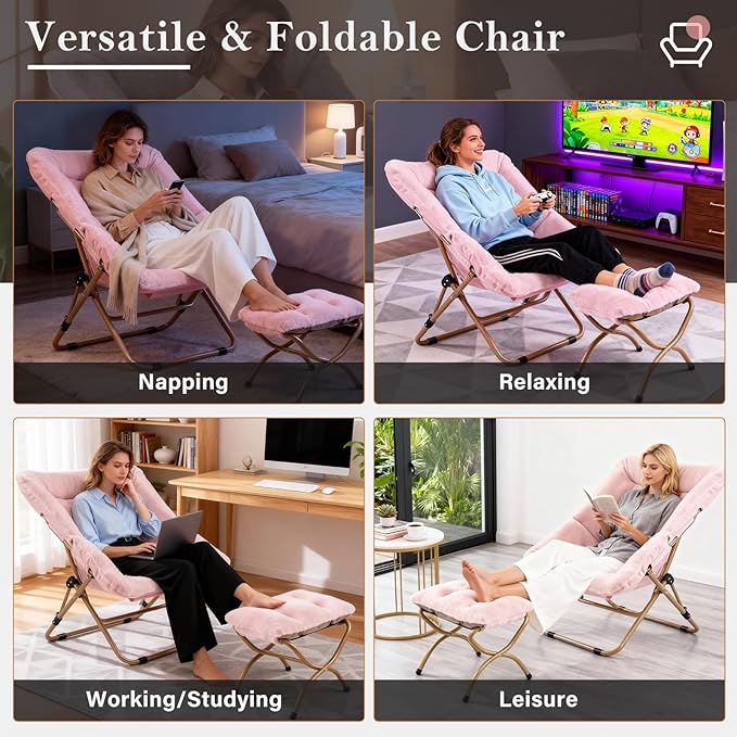 Dorm Chair with Ottoman, X-Large Soft Saucer Chair, Oversized Folding Faux Fur Accent Chair, Foldable Metal Frame Chair for Bedroom, Living Room (Pink)
