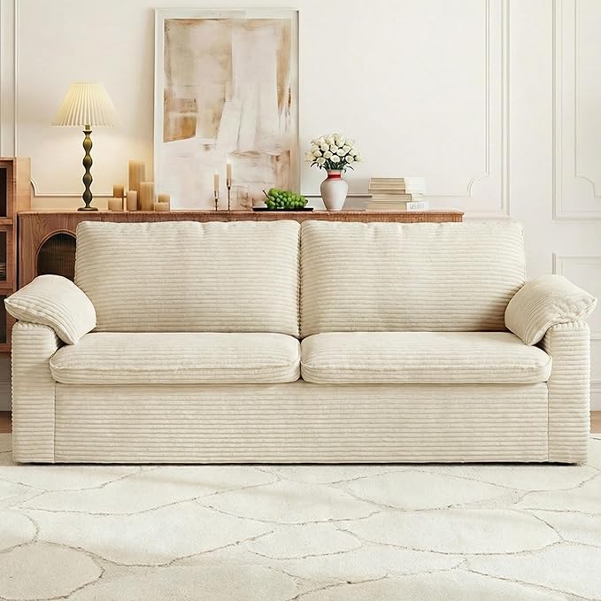 86" Loveseat Sofa Beige Corduroy Couch,Modern Cloud Sofa Love Seat, Deep Seat Slipcovered Sofa with 2 Wide Armrest Pillows for Small Spaces Apartment Studio Office Bedroom Living Room