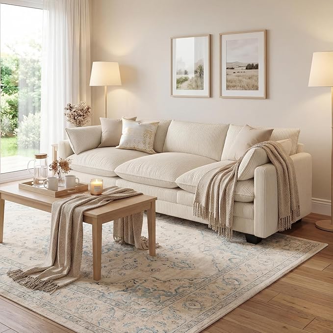 Gizoon 3 Seater Couches for Living Room, Cloud Sleeper Sofa with Double Cushion Corduroy Deep Seat Sofa Couches with 2 Pillows for Living Room Bedroom and Apartment,Pet-Friendly Fabric, Beige
