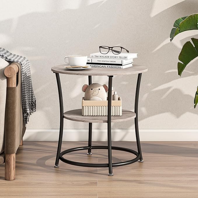 BOFENG Round Coffee Table,2-Tier Center Table with Storage Shelf for Living Room, Bedroom,Small Spaces,Circle Coffee Tables with Sturdy Metal Frame,Easy Assembly,Black+Grey