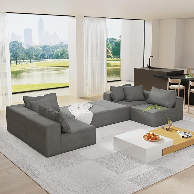 Oversized Boneless Modular Sectional Sofa Cloud Couch for Living Room - Convertible 6 Seater Chenille Couches Set with Ottoman, No Assembly Floor Compression Sofa with Memory Foam | Deep Seat, Wider Armrest, Free Combination
