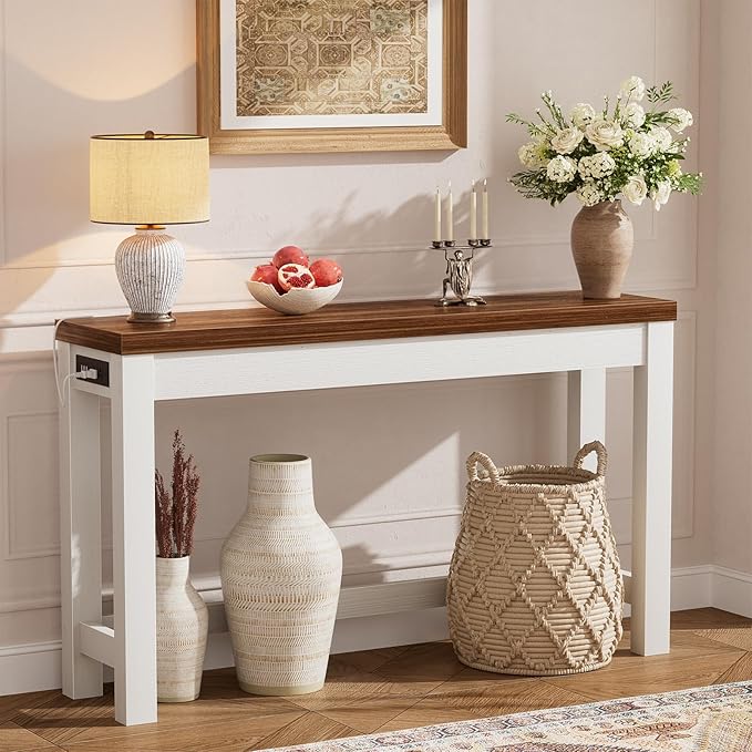 Cyclysio 47" Console Tables for Entryway, Narrow Console Tables for Living Room, Behind Couch Table, Sturdy Wood Support Hallway Table with 3AC+2USB Charging‌ Station, Rustic Oak