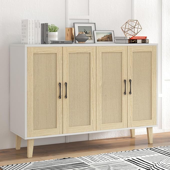 Panana Buffet Storage Cabinet with Rattan Decorating 4 Doors Living Room Kitchen Sideboard 48.43 x 34.65 x 15 inch (White)