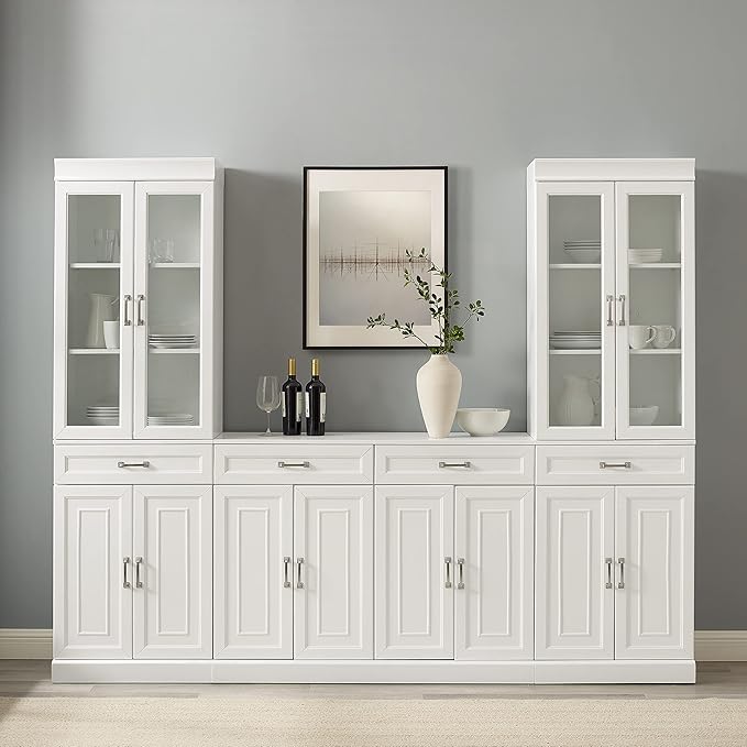 Crosley Furniture Stanton 3-Piece Sideboard Buffet Cabinet and Glass Door Kitchen Storage Pantry Set, White
