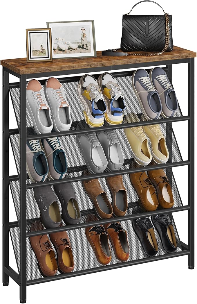 Shoe Rack, 5-Tier Slanted Shoe Storage Shelf, Narrow Shoe Rack for Entryway, Shoe Organizer with Adjustable Feet, Slim Shoe Shelf with Wooden Top and Metal Frame Rustic Brown and Black TXJ02BF