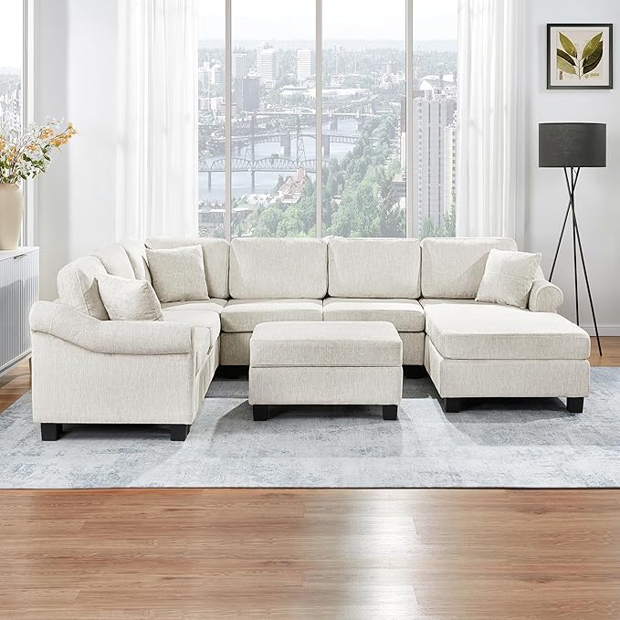 ERYE 112-Inch U-Shaped Sectional Sofa with Movable Storage Ottoman, Oversized Chenille Upholstered Corner Modular Sofa Couch W/Right Facing Chaise Lounge and 3 Toss Pillows