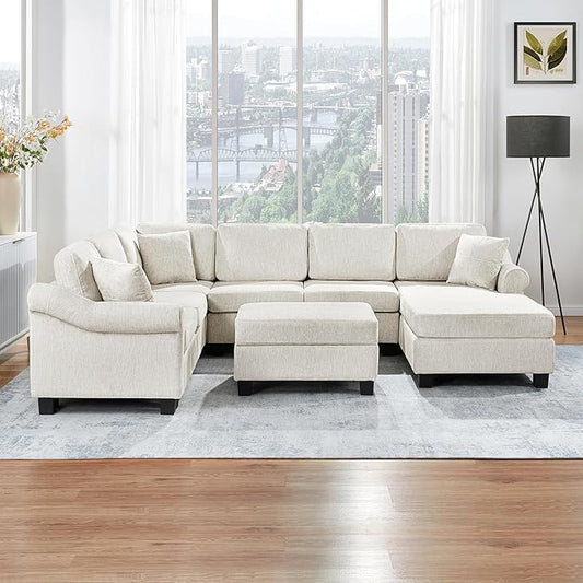 ERYE 112-Inch U-Shaped Sectional Sofa with Movable Storage Ottoman, Oversized Chenille Upholstered Corner Modular Sofa Couch W/Right Facing Chaise Lounge and 3 Toss Pillows