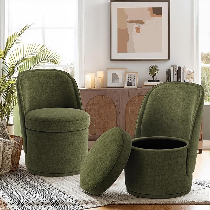 Swivel Accent Chair Set of 2, 360° Swivel Round Chair with Hidden Storage, Modern Small Barrel Armchair for Living Room/Bedroom, Green