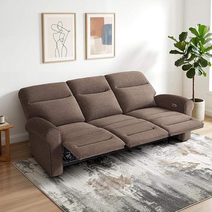 MCombo 87.8" Wall Hugger Power Reclining Sofa, 3-Seat Triple Recliner Couch with USB Ports, Rolled Arm Space Saving Recliner Sofa for Living Rooms Apartments RV, Fabric PR635M5 (Dark Brown) | 1.4" Wall Clearance