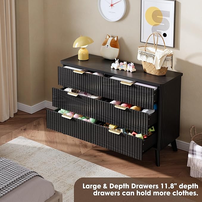 Garvee 6 Drawers Dresser for Bedroom, 47.2" Wide Dressers with Curved Profile Design, Fluted Wood Drawers with Gold Handle, Modern Chest of Dressers with Thickened Design for Living Room, Black