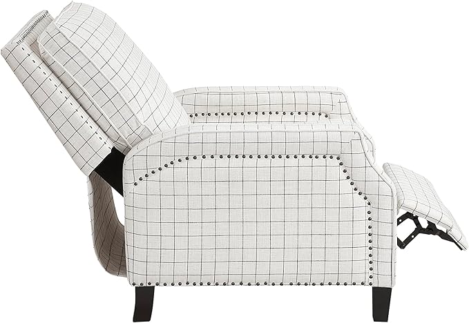Lexicon Pushback Recliner Chair, Plaid Textured Fabric Armchair Push Back Reclining Chair, Nailhead Trim, Solid Wood Legs, Easy Assembly for Living Room/Office/Apartment, Off-White