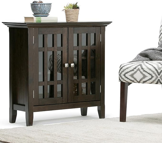 SIMPLIHOME Bedford Storage Cabinet - 32 inch Wide Solid Wood Low Media Cabinet in Dark Tobacco Brown, Transitional Console for Living Room, Entryway, or Dining Room with Glass Doors and Shelves