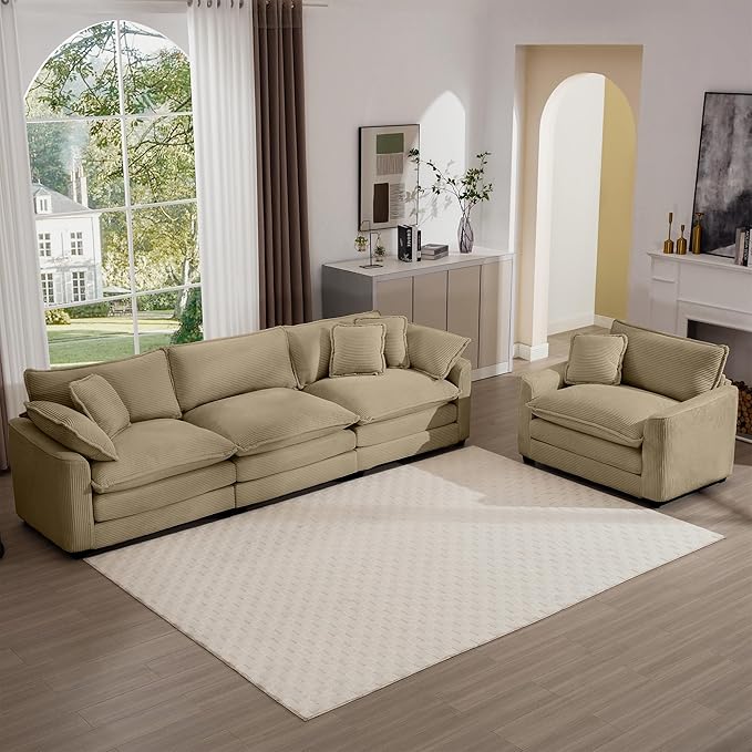 KEIKI 2-Piece Sofa Set with 1 Oversized Corduroy 3-Seater Sofa & 1 Single Sofa, Upholstered 4-Seater Couch Set with 6 Pillow, High-Density Foam Cushions, Removable Armrests, for Living Room, Tan