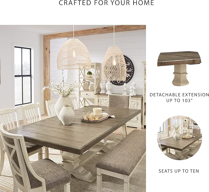 Signature Design by Ashley Bolanburg Farmhouse Extension Dining Table with Removable Center Leaf and Trestle Base, Dark Brown & White