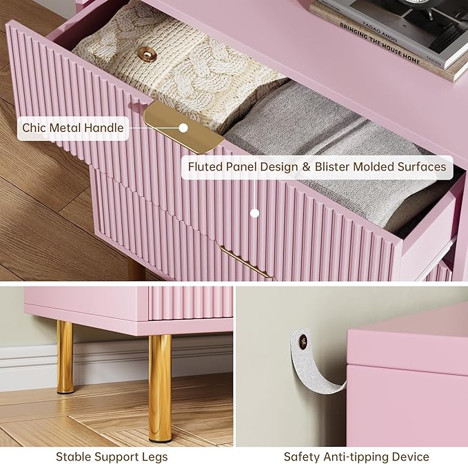 IDEALHOUSE Pink Dresser, Modern 3 Drawer Dresser for Bedroom with Gold Handle and Large Drawer, Wood Double Chest of Drawers and Storage Organizer for Living Room, Hallway, Entryway