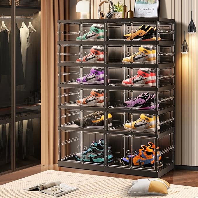 6-Tier Foldable Shoe Rack for Closet Entryway 12-24Pairs,Stackable Clear Shoe Storage Boxes Organizer with Door Plastic Shoe Cabinet Bins with Lids Shoes Shelf Easy Assembly Large Black