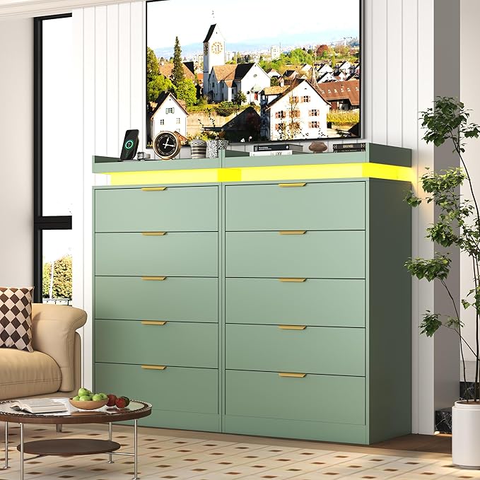 Tall Dresser for Bedroom, Dresser with LED Lights, Wood 5 Drawer Chest with Power Outlet, Modern Chest of Drawers for Bedroom, Living Room, Entryway, Hallway, Green