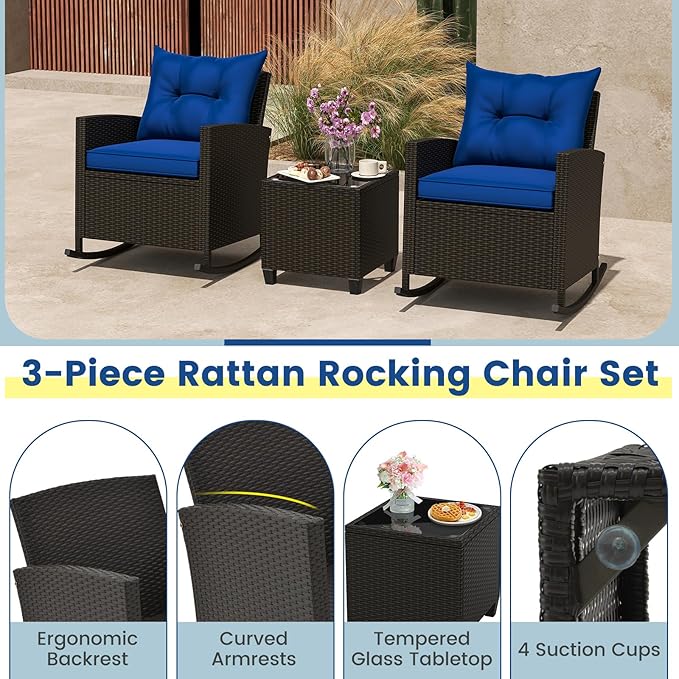 Tangkula 3 Piece Wicker Rocking Set, Patio Rattan Roker Chairs with Tempered Glass Table & Soft Cushions, Outdoor Furniture Set for Backyard, Poolside Porch (Navy)
