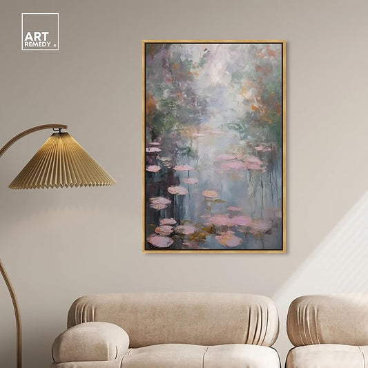 Art Remedy Pink Impressionisty Lilypads Framed Impressionism 1 Piece Canvas Wall Art/Monet And Van Gogh Inspired Art, 31.5" x 46.5", Gold Frame
