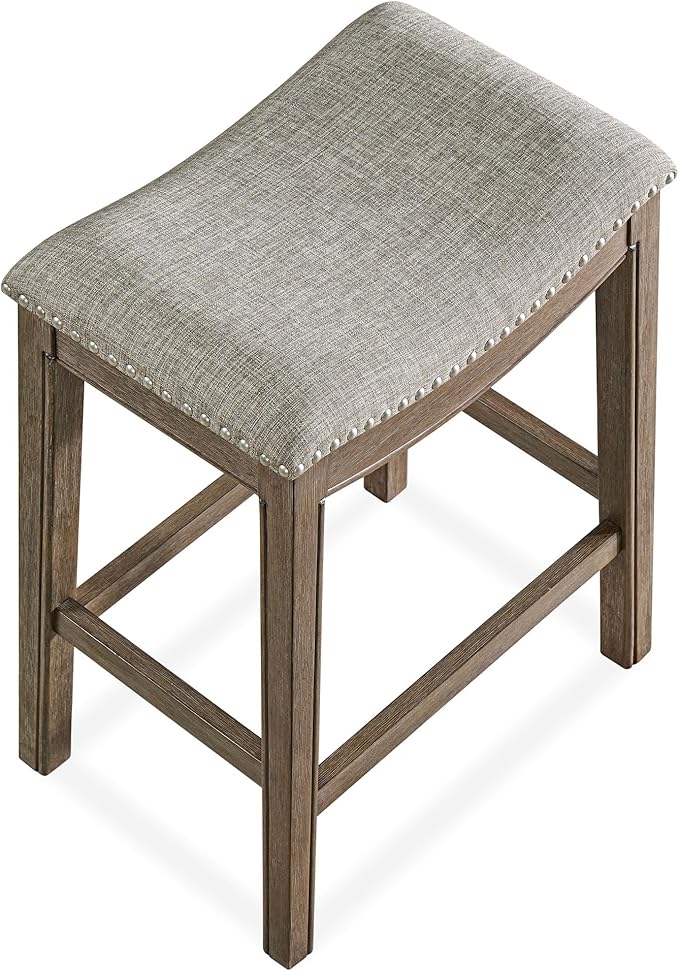 ROME + OAK Set of 2 Parker 26 Inch Counter Stool, Backless Saddle Kitchen Barstool in Walnut Finish with Grey Fabric Upholstery Cushion Seat