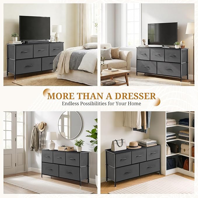 Dresser with 5 Drawers for Bedroom, Fabric Clothes Cabinet for Closet, Anti-Tip TV Stand for 45" TV, Storage Dresser with Metal Frame for Living Room, Entryway, Dorm, Grey