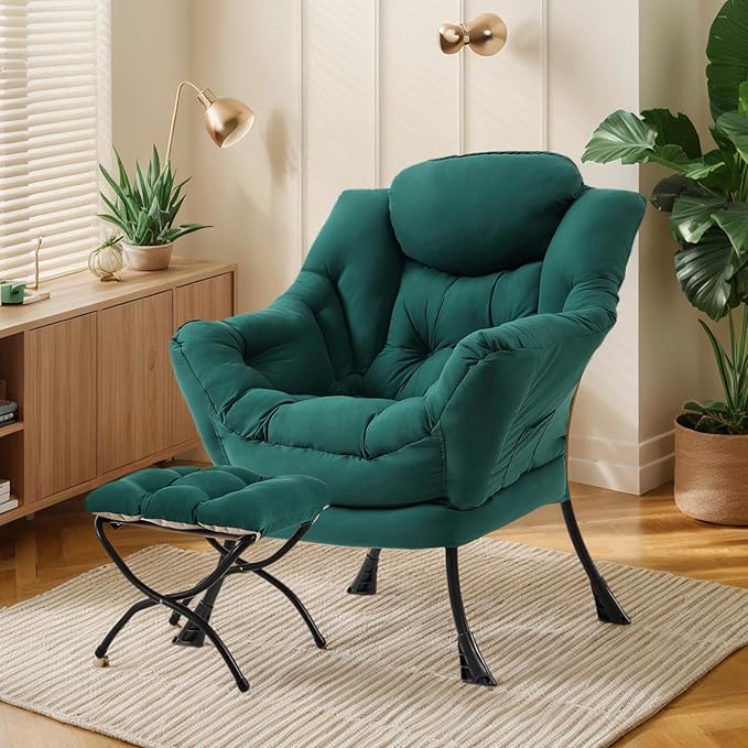 Lazy Chair with Ottoman, Large Dark Green Accent Chair with Ottoman, Comfy Reading Armchair, Leisure Sofa Chair for Living Room, Bedroom, Dorm Room, Office