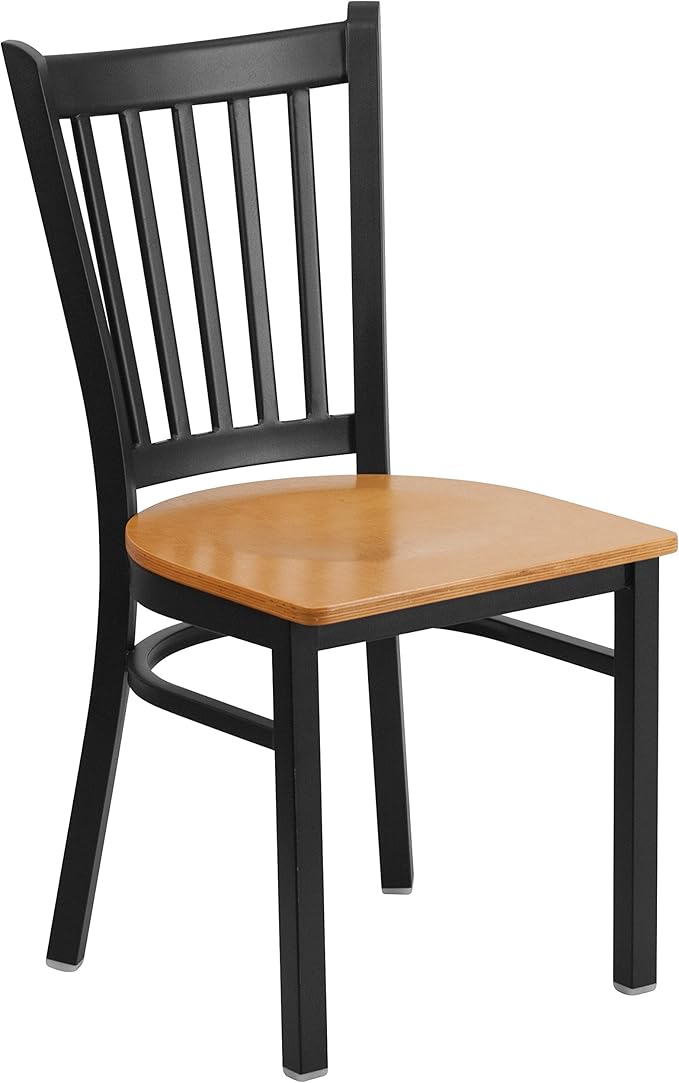 Flash Furniture HERCULES Series Black Vertical Back Metal Restaurant Chair - Natural Wood Seat