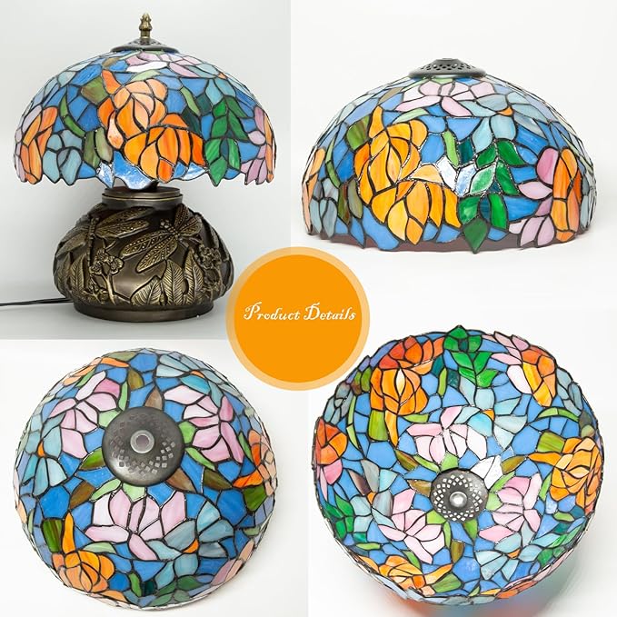 Tiffany Table Lamp,12 Inch Stained Glass Table Lamp,Mushroom Style Vintage Desk Lights Included E26 LED with Remote Control for Bedside,Bedroom,Living Room(Leaf Wisteria)
