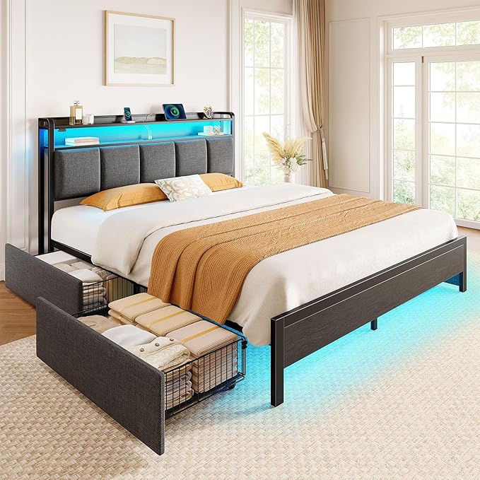 Rolanstar Bed Frame Queen Size with Charging Station and LED Lights, Upholstered Storage Headboard with Drawers, Heavy Duty Metal Slats, No Box Spring Needed, Noise Free, Easy Assembly, Dark Grey