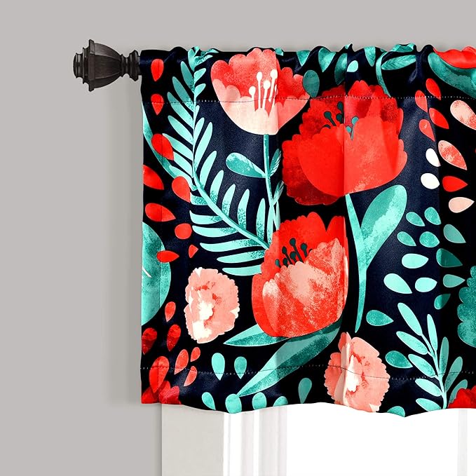 Lush Decor Poppy Garden Light Filtering Window Curtain Valance, 18" L x 52" W, Navy