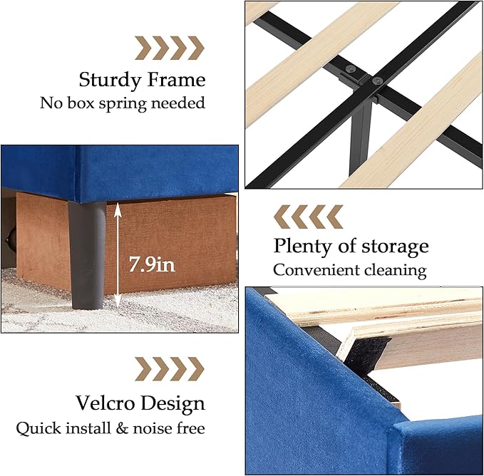 VECELO Full Bed Frame, Platform Bed Frame with Adjustable Height Upholstered Headboard, Heavy-Duty Frame and Strong Wooden Slats Support, Non-Slip and Noise-Free, Easy Assembly, Dark Blue
