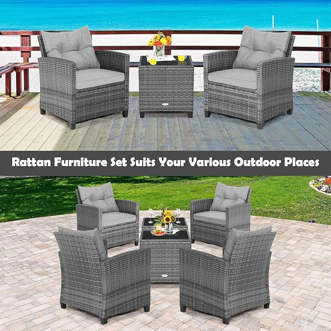 LDAILY Patio Furniture Set, 3 Pieces PE Rattan Wicker Patio Sofa Chairs with Washable Cushion & Glass Table, Outdoor Furniture Conversation Sets for Porch, Balcony, Garden, Poolside (Gray)