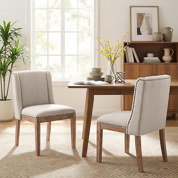 Dining Chair Set of 2, Upholstered Fabric Kitchen Side Chairs with Solid Wood Legs, Comfortable Seating for Kitchen, Dining Room & Restaurant,Camel