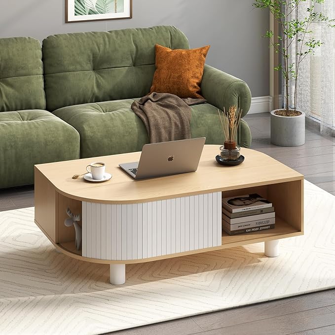 Boho 39.4" Coffee Table with Storage - Leaf-Shaped Wood Center Table, Retro Fluted Central Table with Sliding Door for Living Room Home Office, Oak