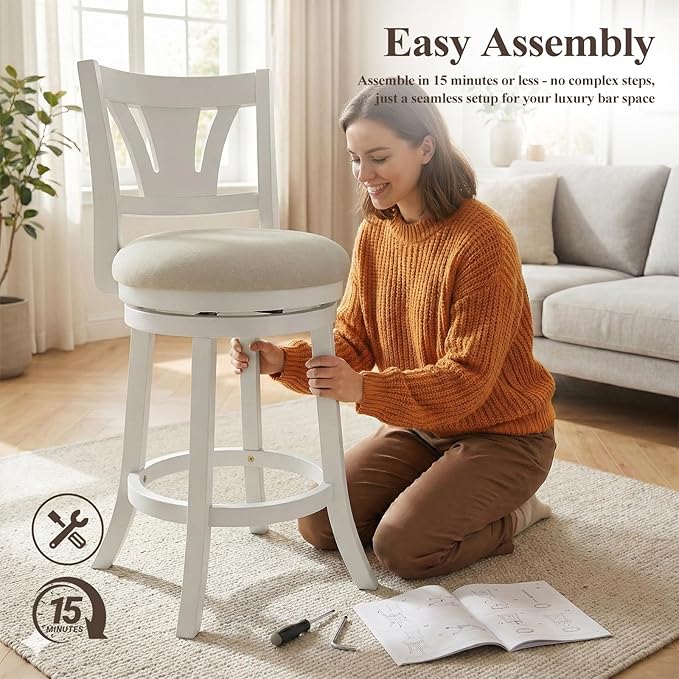 Swivel Bar Stools Set of 4,26 Inch Counter Height Barstool with Silent Rotation, High-Density Foam Cushion, Solid Wood Frame, Footrest & Anti-Slip Pads for Kitchen Islands and Home Bars (White)