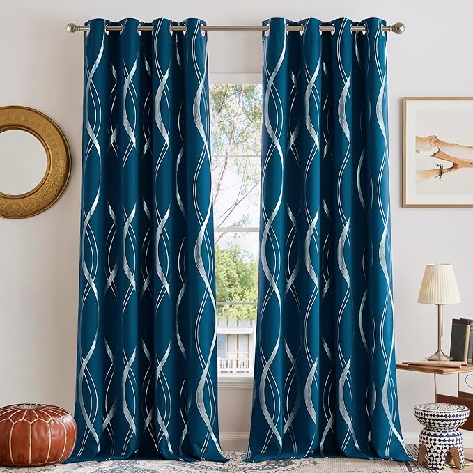NICETOWN Moroccan Blue Blackout Curtains 84 inch Long for Living Room, Art Decor Scandinavian Style for Festival Wave Line Foil Print Design Drapes for Wall Cover, W52 x L84, 2 Panels