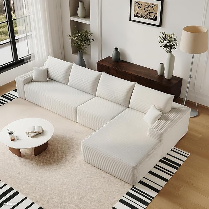135" Corduroy Couch Sectional with Chaise, L Shape Boneless Cloud Couches for Living Room Bedroom, Fluffy Deep Seat Compression Sofa, Modular Corner Couch No Assembly, Right Facing Chaise, White