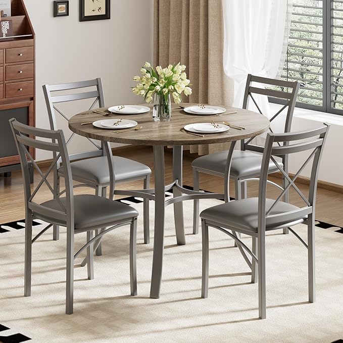 VECELO 5 Piece Dining Table Set for 4 with Chairs, Wood Grain Tabletop, Small Space, Kitchen, Breakfast Nook, Grey