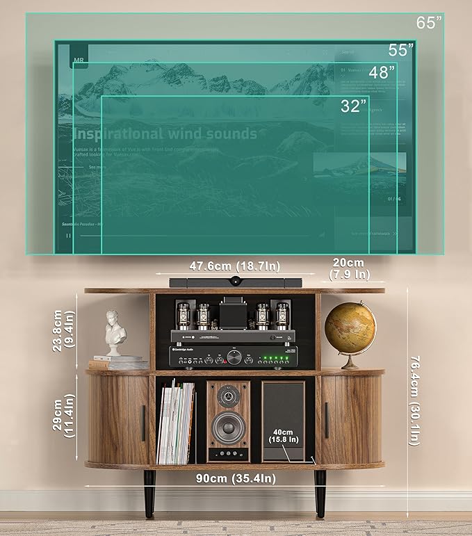 35.4" Fluted Small TV Stand, Mid Century Modern TV Stands for Bedroom,TV Entertainment Center with Storage for TVs, Round Media Console Cabinet with Sliding Doors for Bedroom, Living Room (Walnut)