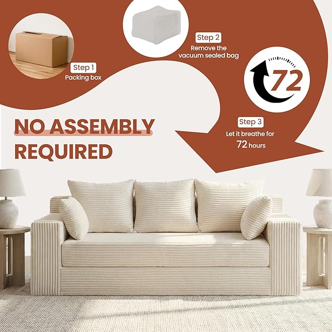 Convertible Sofa Bed, 5 in 1 Small Boneless Couch Pull Out Loveseat Sleeper Sofa,Corduroy Futon Couch Folding Mattress with 4 Pillows for Living Room (Beige, 3 Seater)