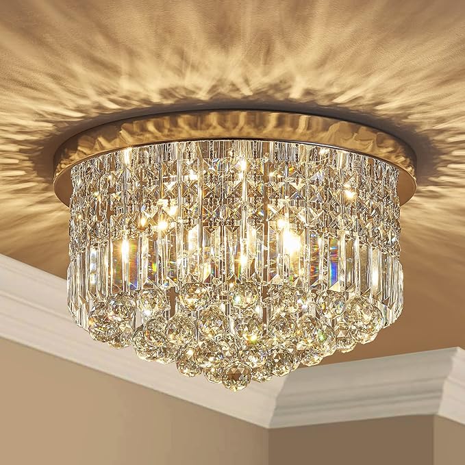 Saint Mossi 9 Light Modern K9 Crystal Chandelier Lighting, Flush Mount, Perfect for Dining Room, Bathroom, Bedroom, E12 Bulb Base; Height 11" x Diameter 20"; Lake Blue Crystal & Chrome Finish